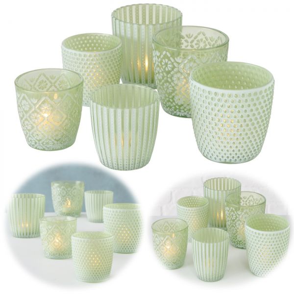 6x Glas Teelichthalter Retro Grün Weiß 7-9cm Set Windlicht-Halter Kerzenständer