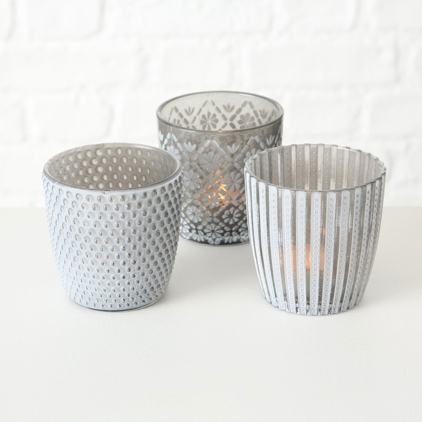 Retro LS-LebenStil Set Windlicht-Halter Glas Grau 6x | 7-9cm Kerzenständer Teelichthalter