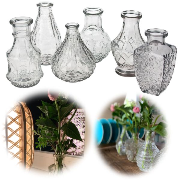 6x Retro Glas-Vase 11-15cm Klar Set Deko Tisch-Vase Blumenvase Väschen