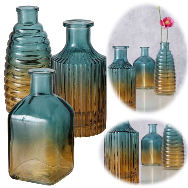 3x Retro Glas-Vase 15cm Blau Braun Relief Set Blumenvase Deko Tisch-Vase Väschen
