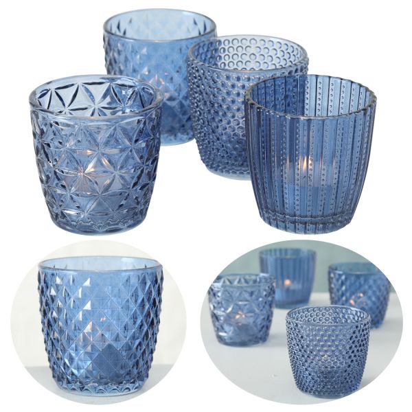 4´er Set Glas Teelichthalter Retro Blau 7cm Teelichtglas Windlicht-Halter