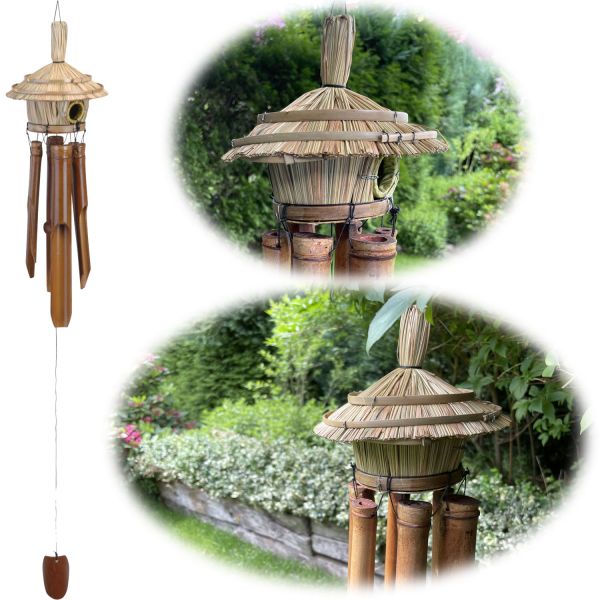Holz Windspiel Klang-Spiel Bambus 45cm Vogelhaus Klangröhren Garten Feng Shui