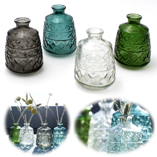 4x Retro Glas-Vase 11cm Multi Colour Set Deko Tisch-Vase Blumenvase Väschen