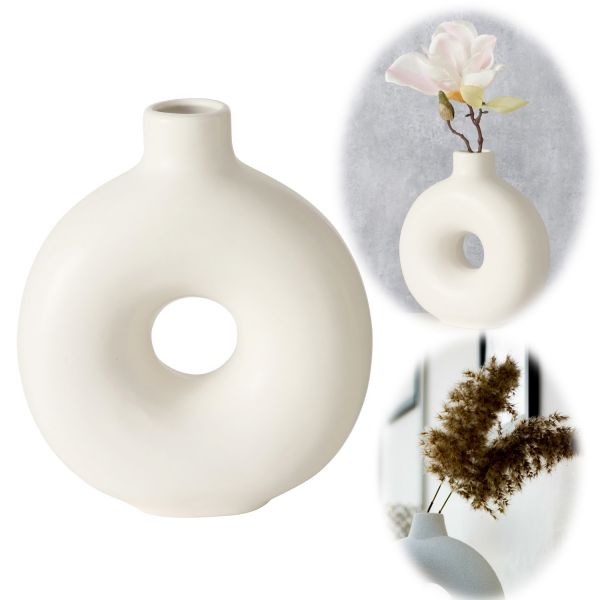 Nordic Blumen-Vase Donut 20x17cm Creme Weiß Rund Keramik Tisch-Vase Pampasgras