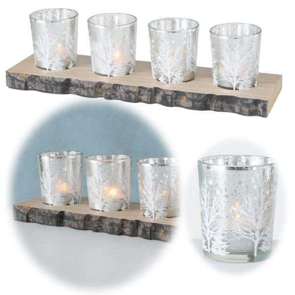 Holz Teelichthalter-Set 30cm 4 Teelicht-Gläser winterliche Gravur Kerzentablett