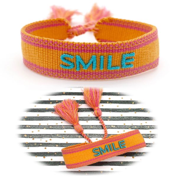 Canvas Statement Armband Smile Orange Türkis besticktes Webarmband
