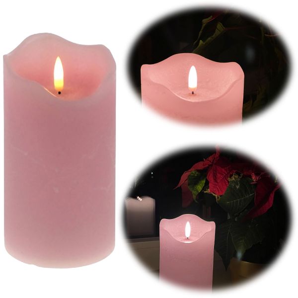 LED 3D Stumpenkerze Rosa 20cm Echtwachs flackernde flammenlose Kerze
