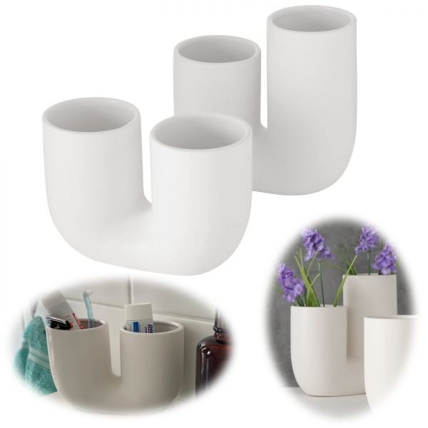 2x Nordic Blumen-Vase Set Filicio Weiß 2tlg Keramik Doppelrohr-System Tisch-Vase