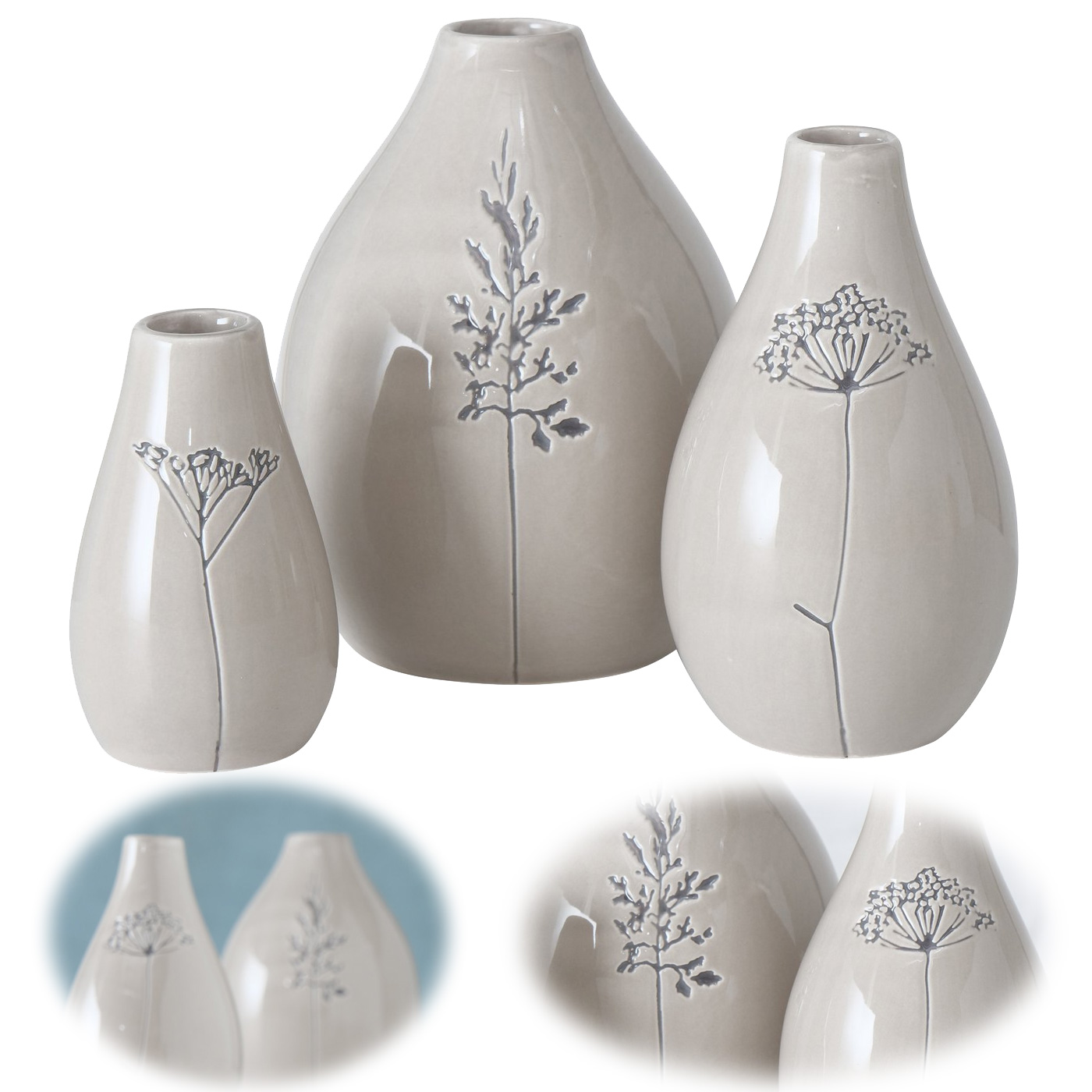 3x Tischvase 12-8cm Set Gräser Grau Keramik Blumenvase Tisch-Deko |  LS-LebenStil