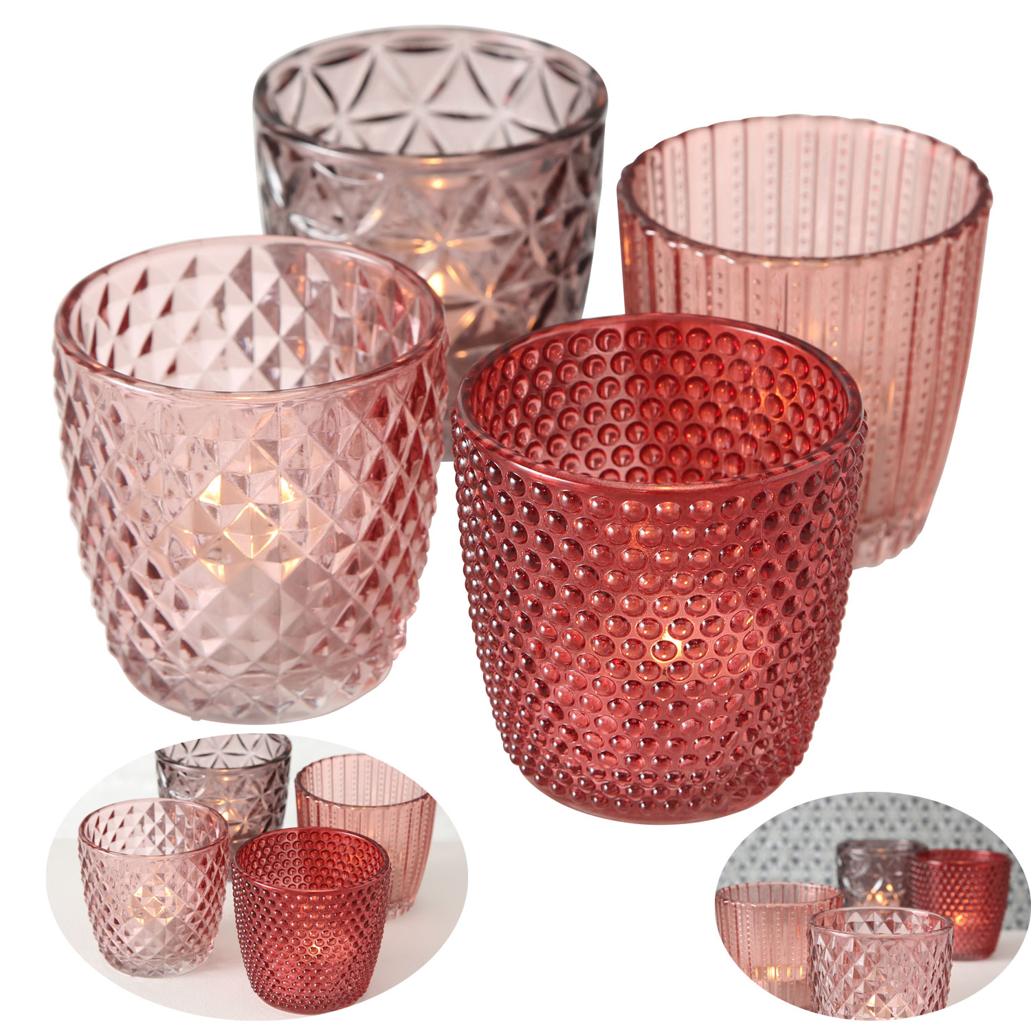 Teelichtglas Retro Windlicht-Halter Set Teelichthalter LS-LebenStil Glas Rosa | 7cm Rose 4´er
