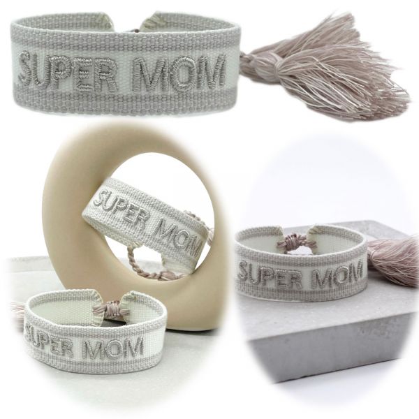 Canvas Statement Armband Super Mom Silber Grau besticktes Webarmband
