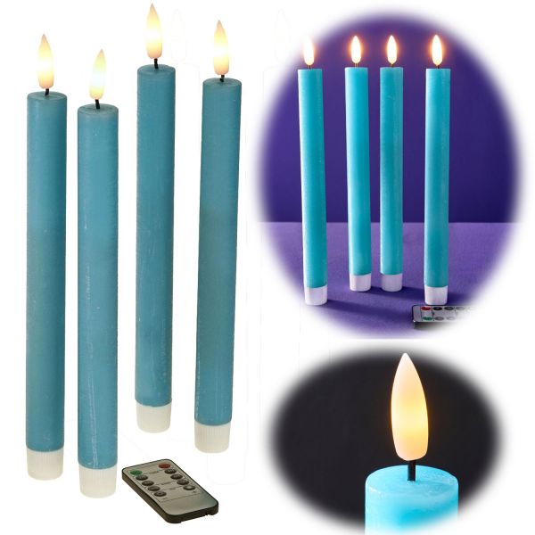 LED 3D Stabkerzen 4´er Set Blau 24cm mit Timer Fernbedienung flackernde Kerze