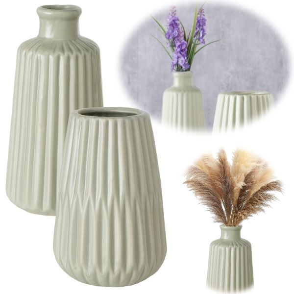 Nordic Blumen-Vase Oslo 2´er Set Creme Grün Keramik Tisch-Vase Pampasgras