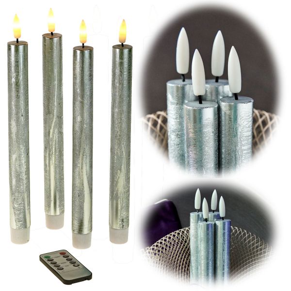 LED 3D Stabkerzen 4´er Set Silber 24cm mit Timer Fernbedienung flackernde Kerze