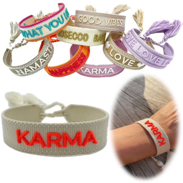 Canvas Statement Armband Karma Beige Neon besticktes Webarmband