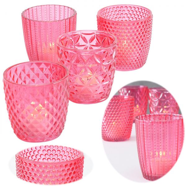 4´er Set Glas Teelichthalter Retro Rosa Pink 7cm Teelichtglas Windlicht-Halter