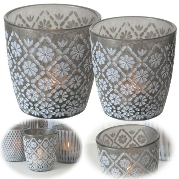 2x Glas Teelichthalter Retro Grau 7-9cm Blume Set Windlicht-Halter Kerzenständer
