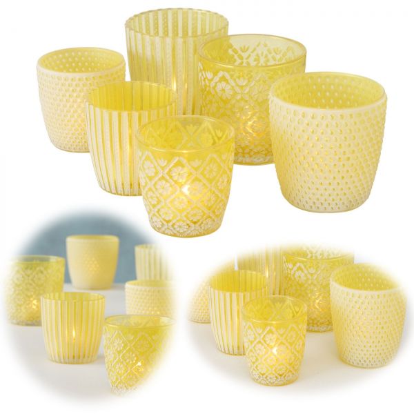 6x Glas Teelichthalter Retro Gelb 7-9cm Set Windlicht-Halter Kerzenständer