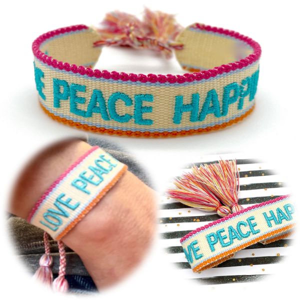 Canvas Statement Armband Love Peace Happiness besticktes Webarmband
