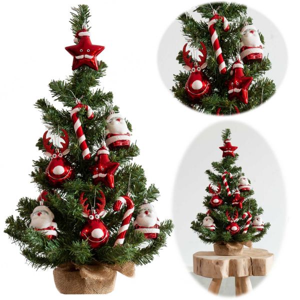Deko Weihnachtsbaum 60cm Grün Rot geschmückt Sockel Tannenbaum Tisch-Dekoration