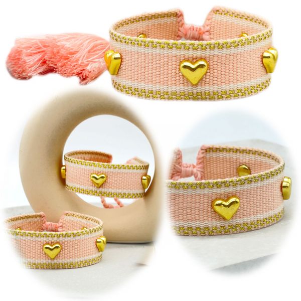 Canvas Statement Armband ❤️ Herzen ❤️ Peach Rosa Gold besticktes Webarmband