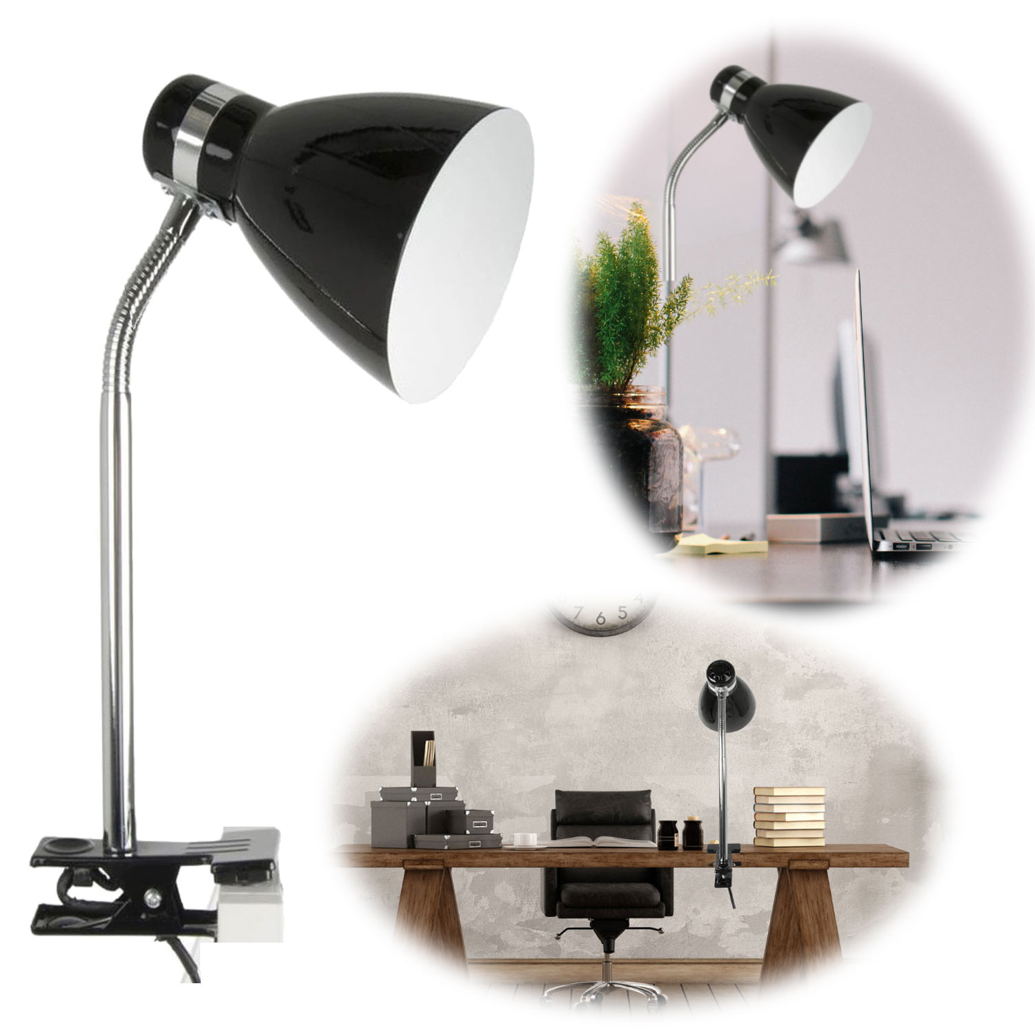 Klemmlampe List Elegante LS-LebenStil | Schwarz Clip-On LED 39cm Schreibtischlampe E27 Tischlampe