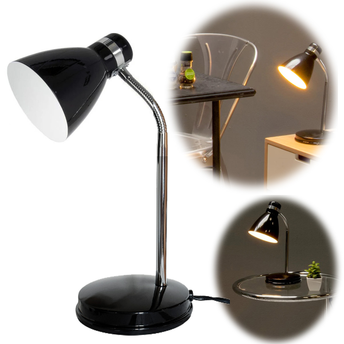 Elegante LED Tischlampe List 39cm Schwarz Silber E27 Schreibtischlampe  Leselampe | LS-LebenStil