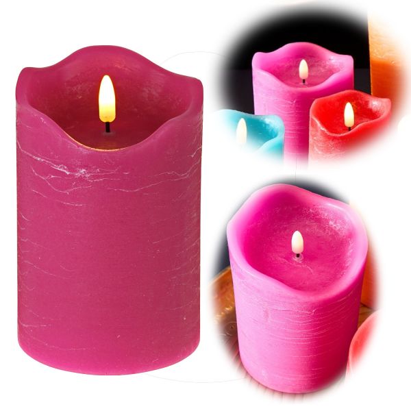 LED 3D Stumpenkerze Pink 15cm Echtwachs flackernde flammenlose Kerze