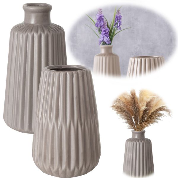 Nordic Blumen-Vase Oslo 2´er Set Creme Braun Keramik Tisch-Vase Pampasgras