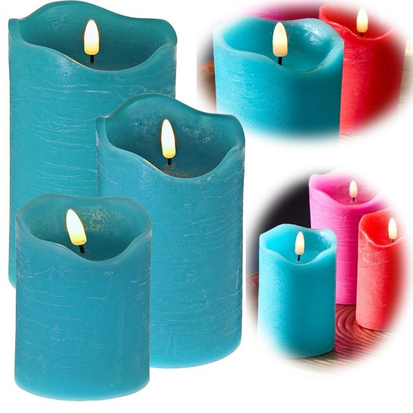 LED 3D Stumpenkerze Blau Türkis 3´er Set Echtwachs flackernde flammenlose Kerze