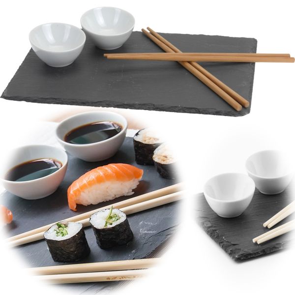 Sushi Schiefer-Set 7-teiliges Geschirr Set Schieferplatte Ess-Stäbchen Schälchen