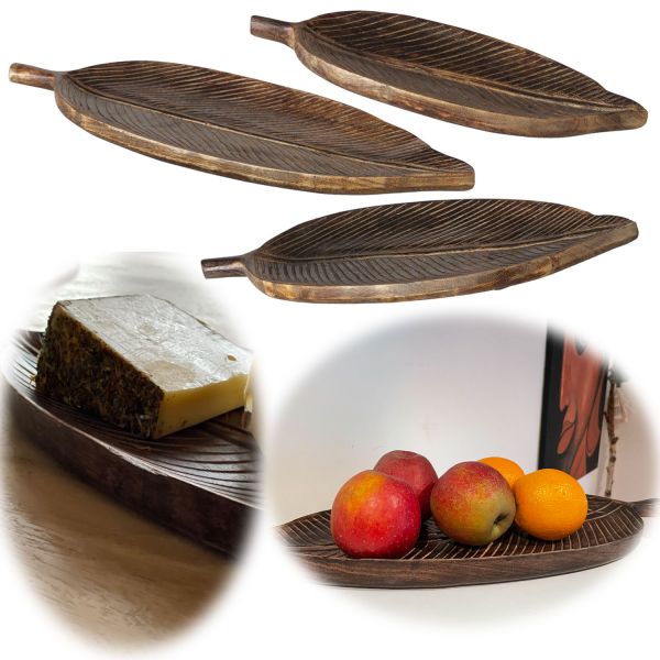 3-fach Deko Tablett Mango Holz Braun Leafy 30-50cm Serviertablett Obst-Schale