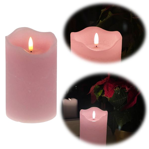 LED 3D Stumpenkerze Rosa 15cm Echtwachs flackernde flammenlose Kerze