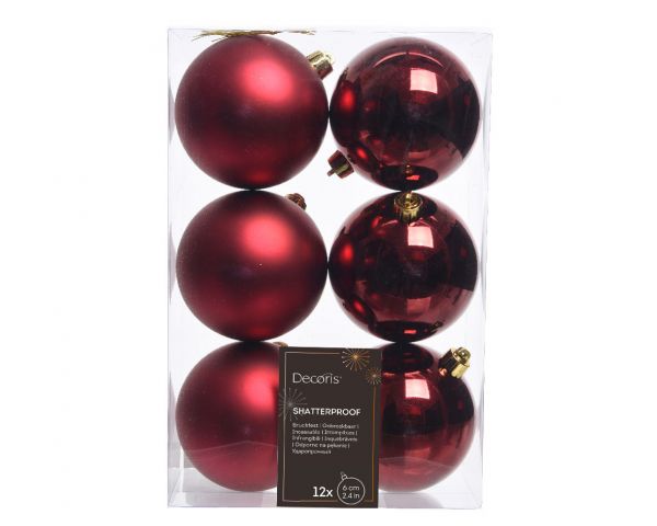 12 Design Weihnachtskugeln 6cm Rot Ochsenblut Set Kunststoff Weihnachtsbaum-Deko
