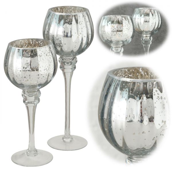 Exklusives XL Glas Windlicht 2-fach 25/30cm Silber Teelichthalter Kerzenständer
