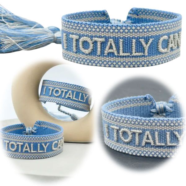 Canvas Statement Armband &quot;Totally Can&quot; Blau Silber besticktes Webarmband