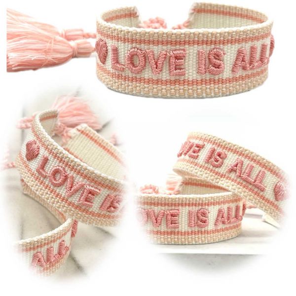 Canvas Statement Armband Love is All Rosy Peach besticktes Webarmband