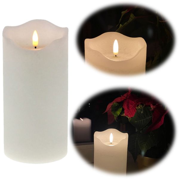 LED 3D Stumpenkerze Creme Weiß 20cm Echtwachs flackernde flammenlose Kerze