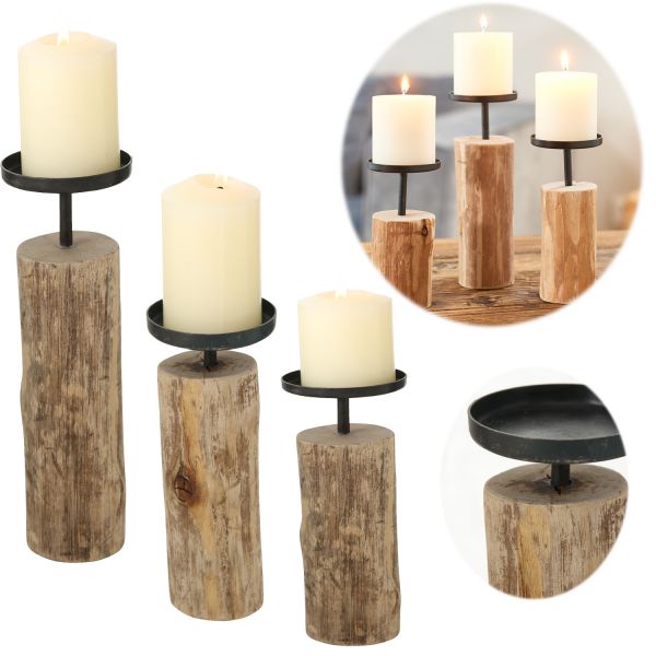 Exklusive Holz Kerzenständer 3-fach Baumstamm Stumpenkerze Kerzenhalter