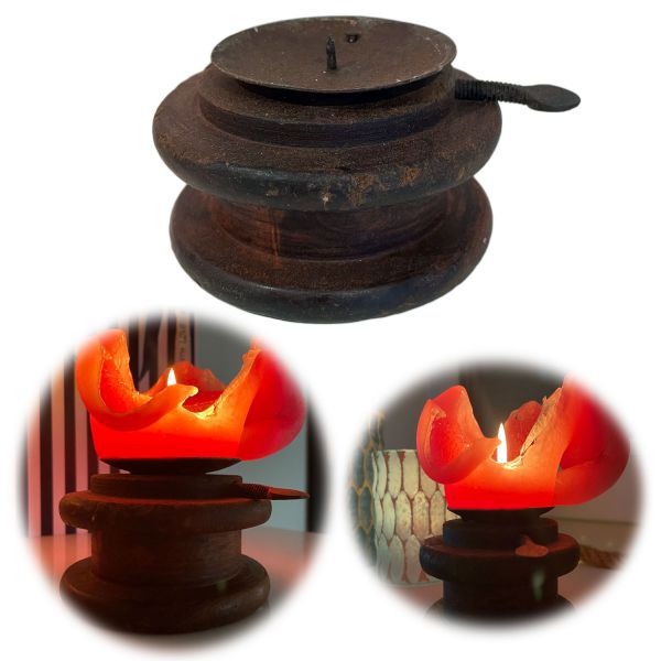 Teak-Holz Kerzenständer Nähspule ♻️ Recycelt ♻️ 10cm Stumpenkerze Kerzenhalter