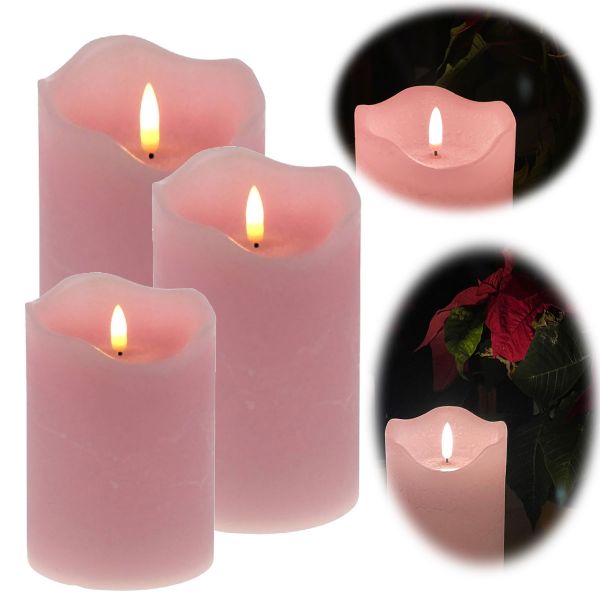 LED 3D Stumpenkerze Rosa 3´er Set Echtwachs flackernde flammenlose Kerze