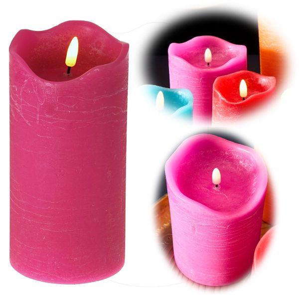 LED 3D Stumpenkerze Pink 20cm Echtwachs flackernde flammenlose Kerze