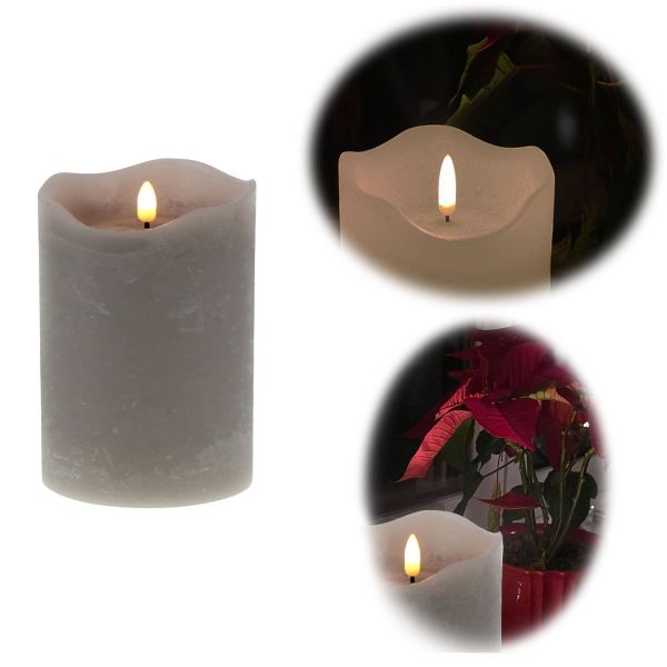 LED 3D Stumpenkerze Grau 12,5cm Echtwachs flackernde flammenlose Kerze