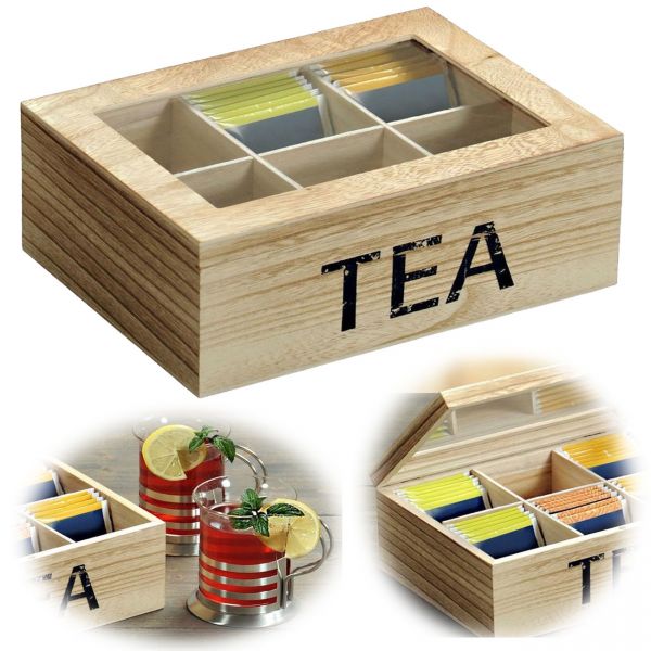Vintage Holz Teebeutel-Aufbewahrungsbox 6 Fächer Braun Teebox Teekiste Teekasten