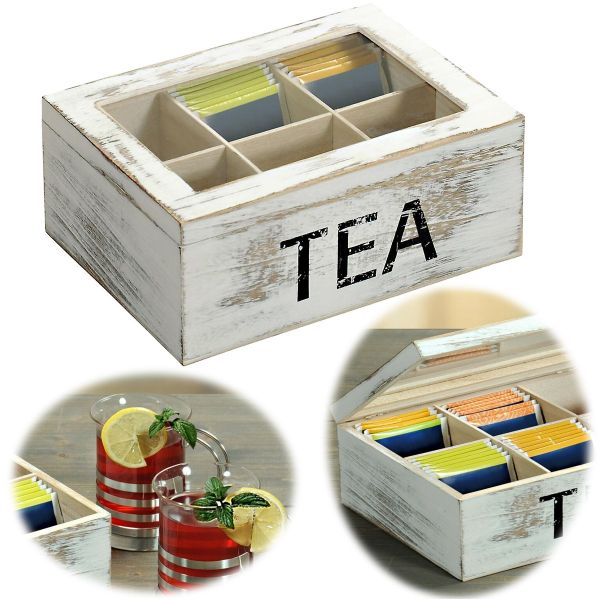 Vintage Holz Teebeutel-Aufbewahrungsbox 6 Fächer Weiß Teebox Teekiste Teekasten