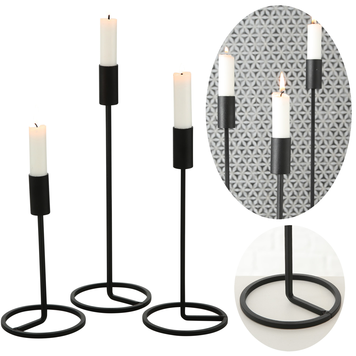 3x Kerzenständer Kerzenhalter Stabkerzenhalter Kerzenleuchter | LS-LebenStil Set Schwarz Metall