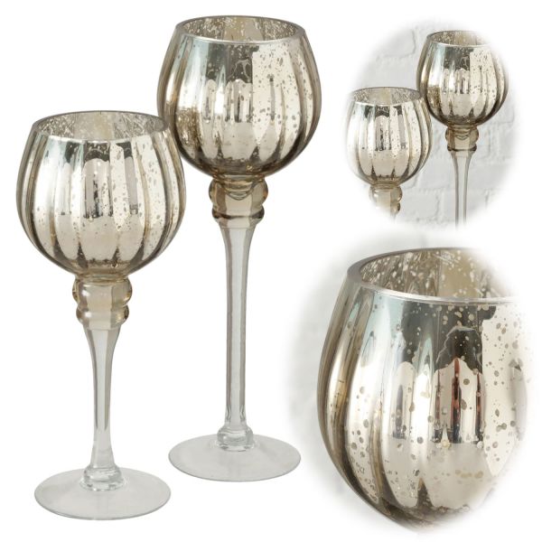Exklusives XL 2-fach Glas Windlicht 25/30cm Champagner Teelichthalter Kerzenständer