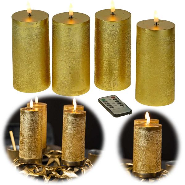 LED 3D Stumpenkerzen 4´er Set Gold 15cm Timer Fernbedienung flackernde Kerze