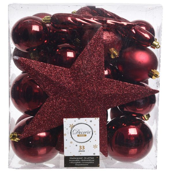 33 Christbaumkugeln Kunststoff Rot Ochsenblut Spitze Stern Weihnachtskugeln