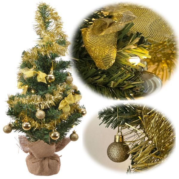 Deko Weihnachtsbaum 60cm Gold 20 LED geschmückt Sockel Tannenbaum Tisch-Deko